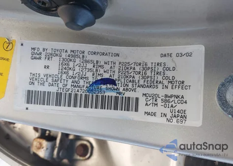 2002 Toyota Highlander Limited V6 из США, поврежденный, VIN JTEGF21A720052353